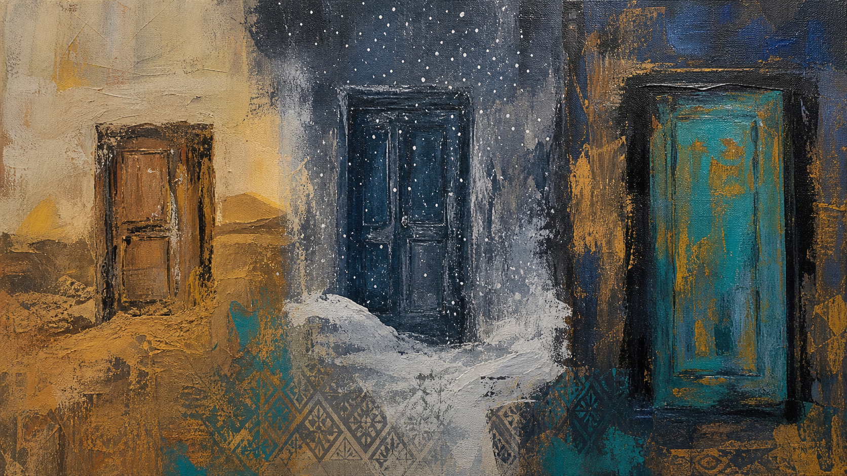 A symbolic painting of doors, desert dust, snow, and Somali-inspired patterns