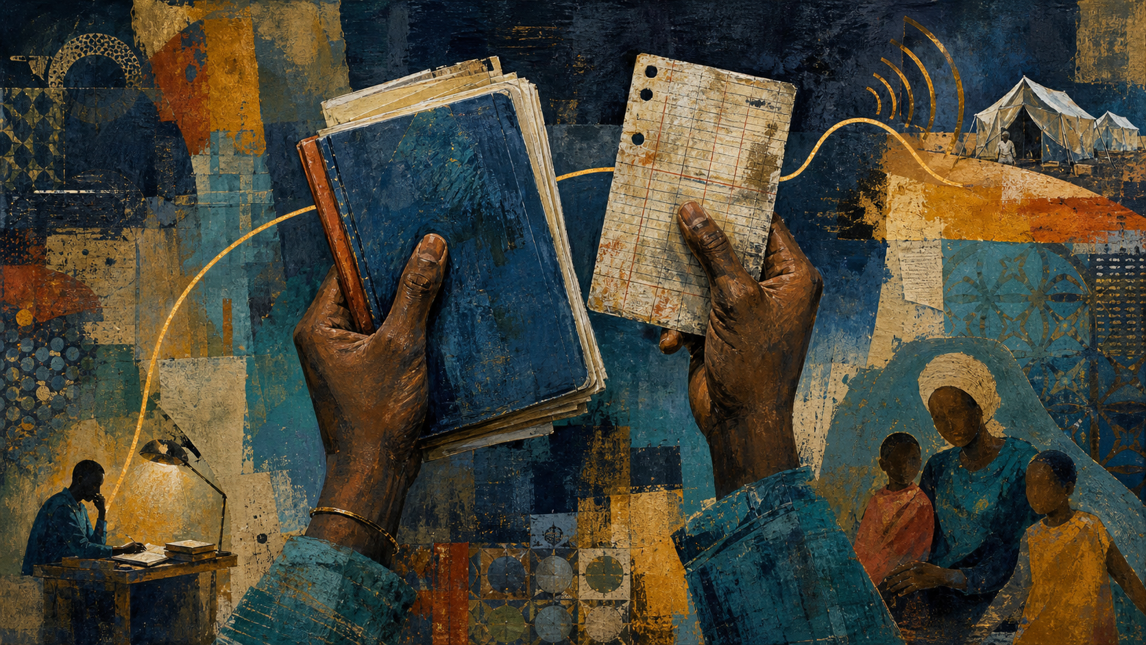 Hands holding a book and timecard with warm light, family memory, and remittance lines