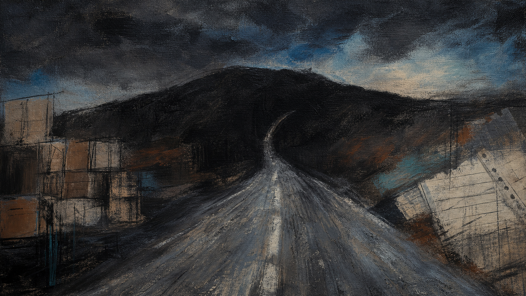 A narrow road through a dark hill with a notebook and warehouse shapes near the edges