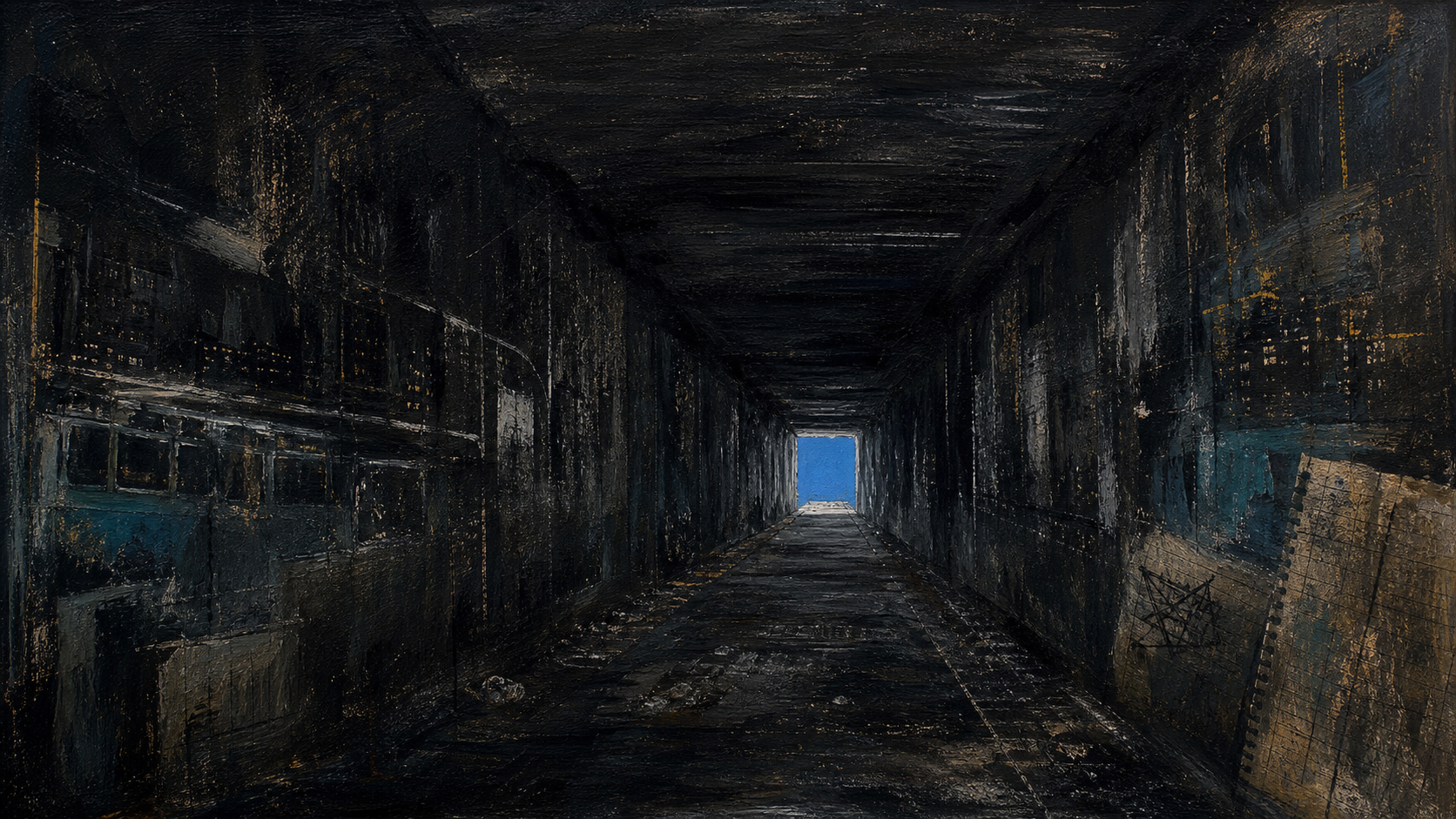 A dark tunnel painting with a small blue square of sky at the end