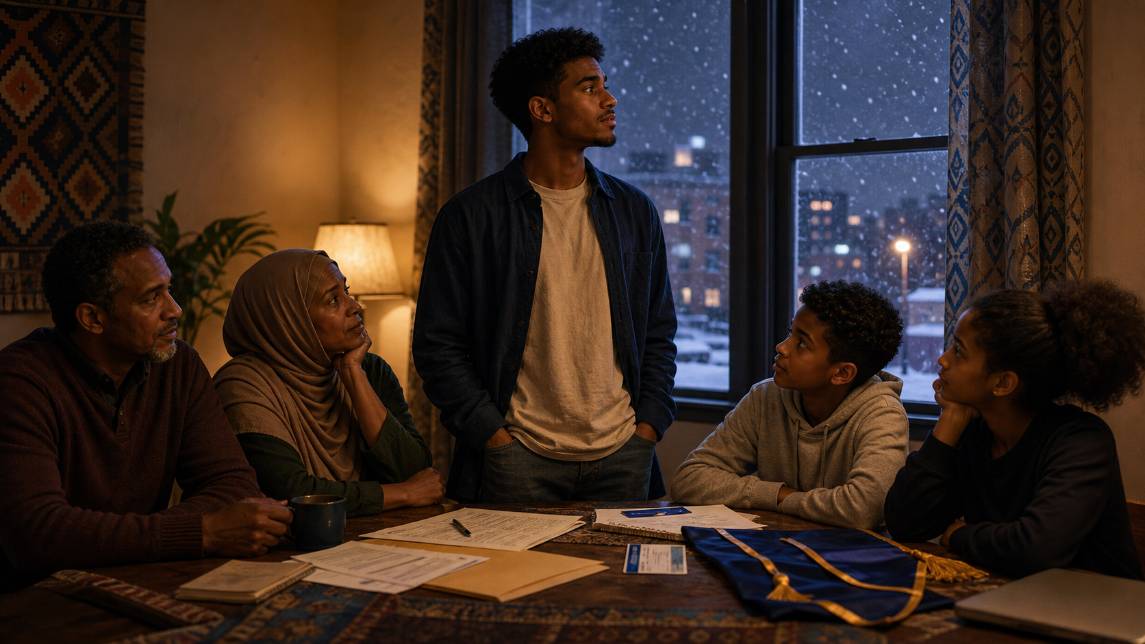 A young Somali man standing between his parents and younger siblings in a warm Minnesota apartment while snow falls outside.